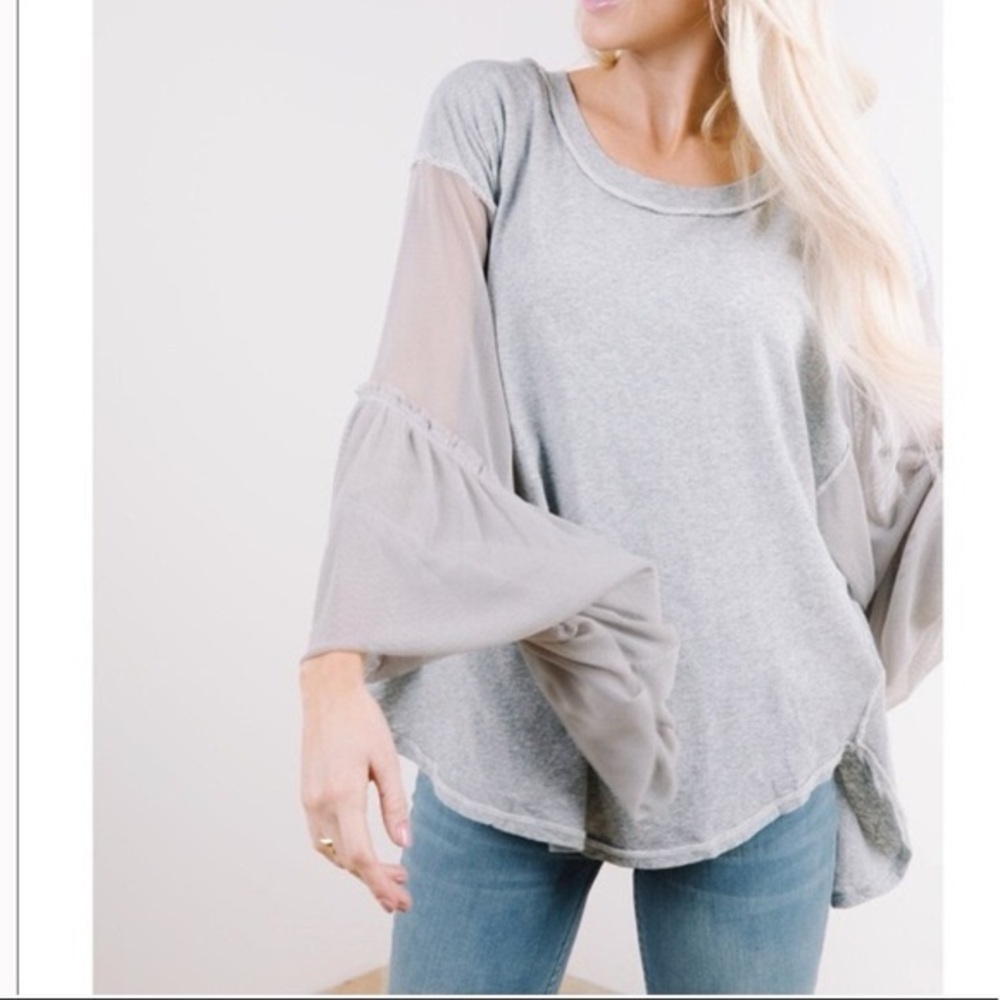 EUC Free People Still Got It Mesh Bell Sleeve Oversized Boho Top Grey Size Large